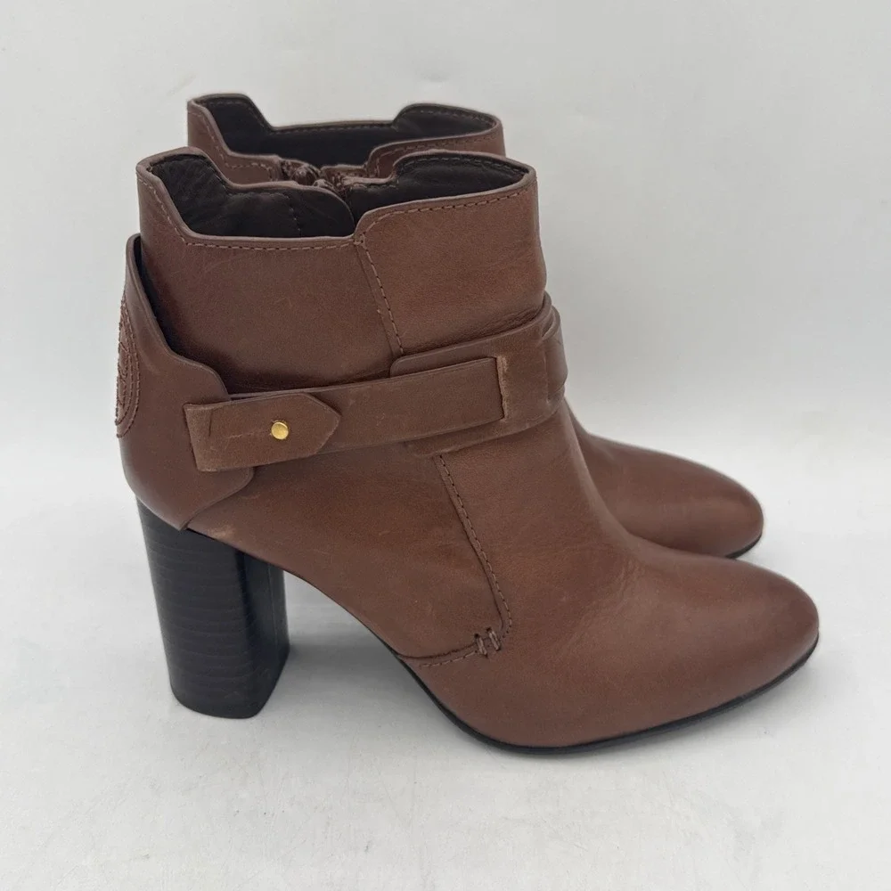 Tory Burch Colton Leather Ankle Boots Brown Heeled Booties Harness Strap Size 6